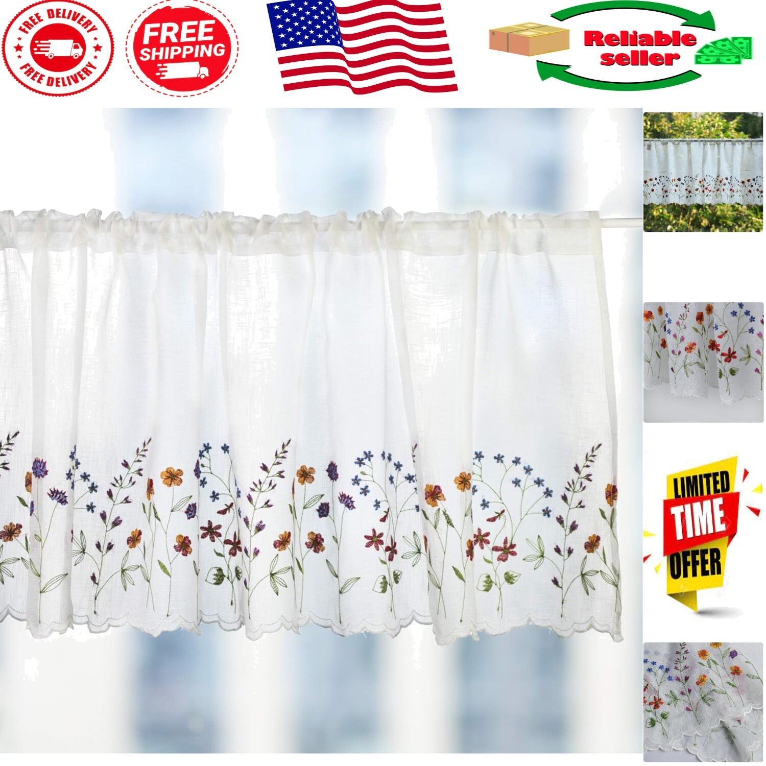Semi-Sheer Wild Flower Valance 60»x18» – Perfect for Kitchens & Living Rooms