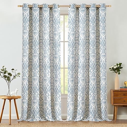 Curtains for Bedroom, Light 52″W x 90″L (Pack of 2) Damask | Blue on Flax
