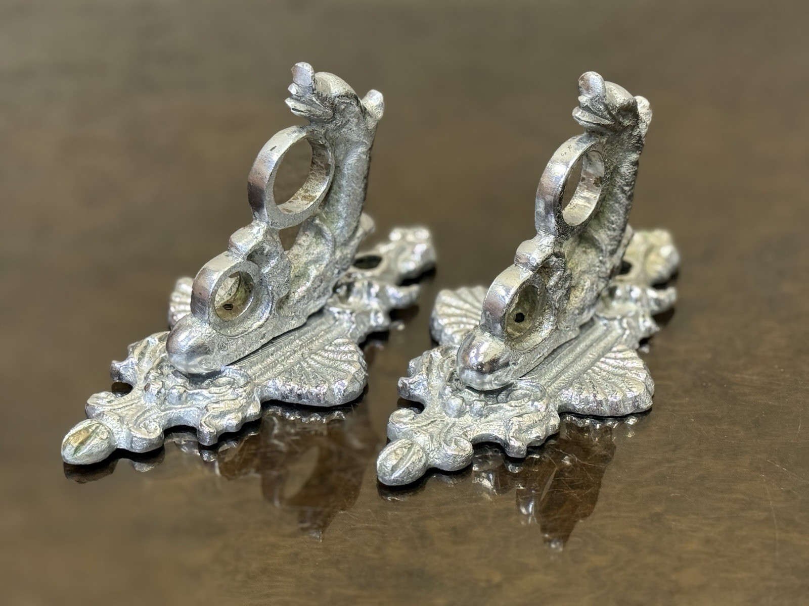 Pair Vintage Soviet Bronze Sea Dragon Curtain Brackets Nickel 1970s USSR