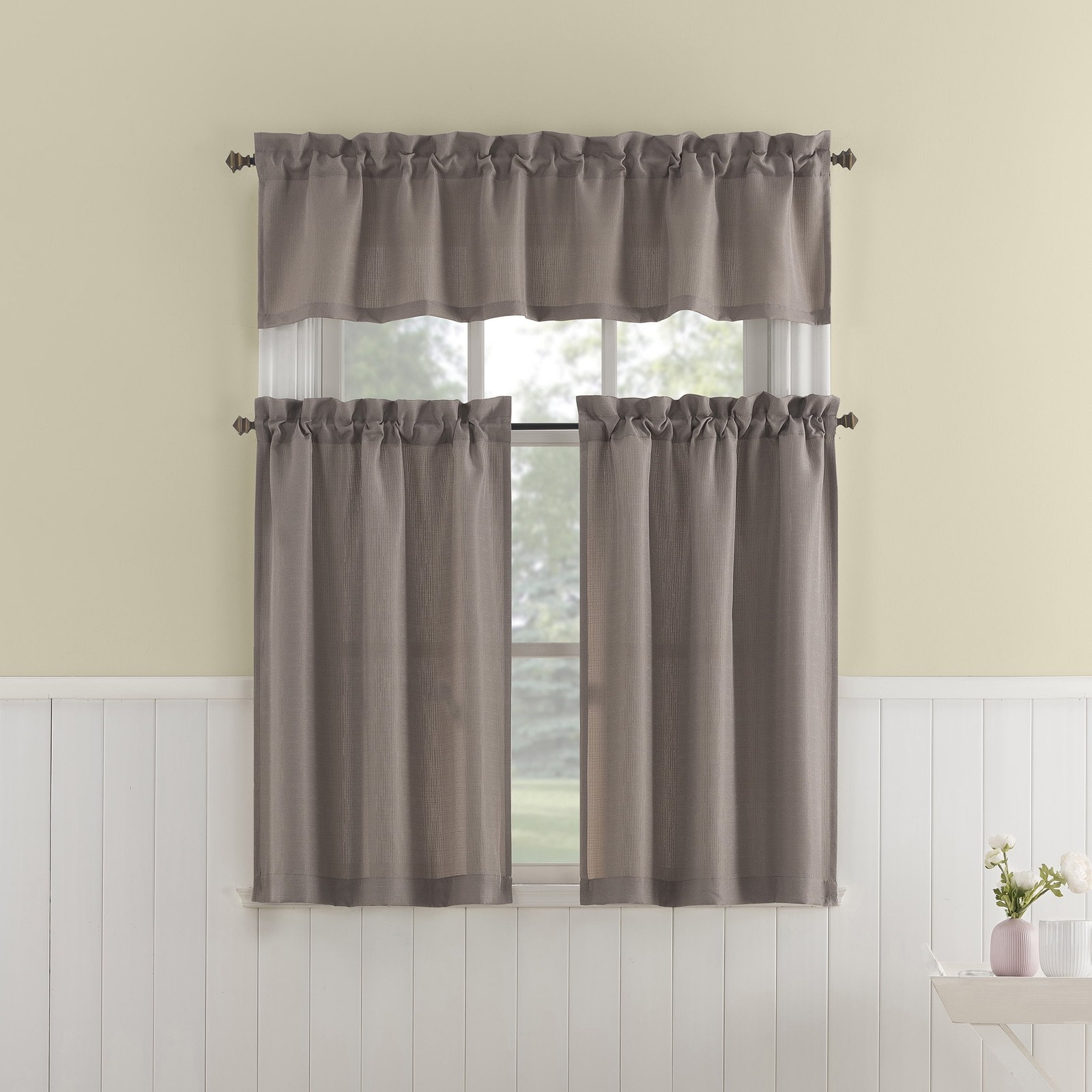 Mainstays 3-Piece Textured Semi Sheer Rod Pocket Kitchen Window Tier Pair