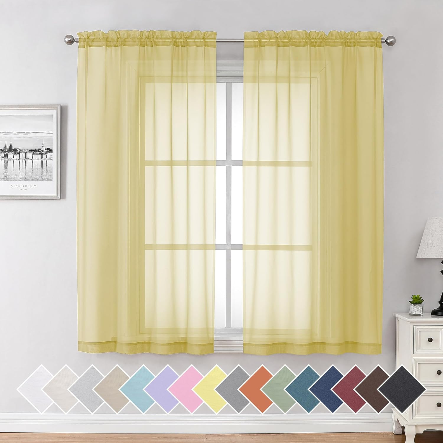 Yellow Sheer Curtains 63 Inches Long 2 Panels Set, Semi Transparent Voile Rod Po