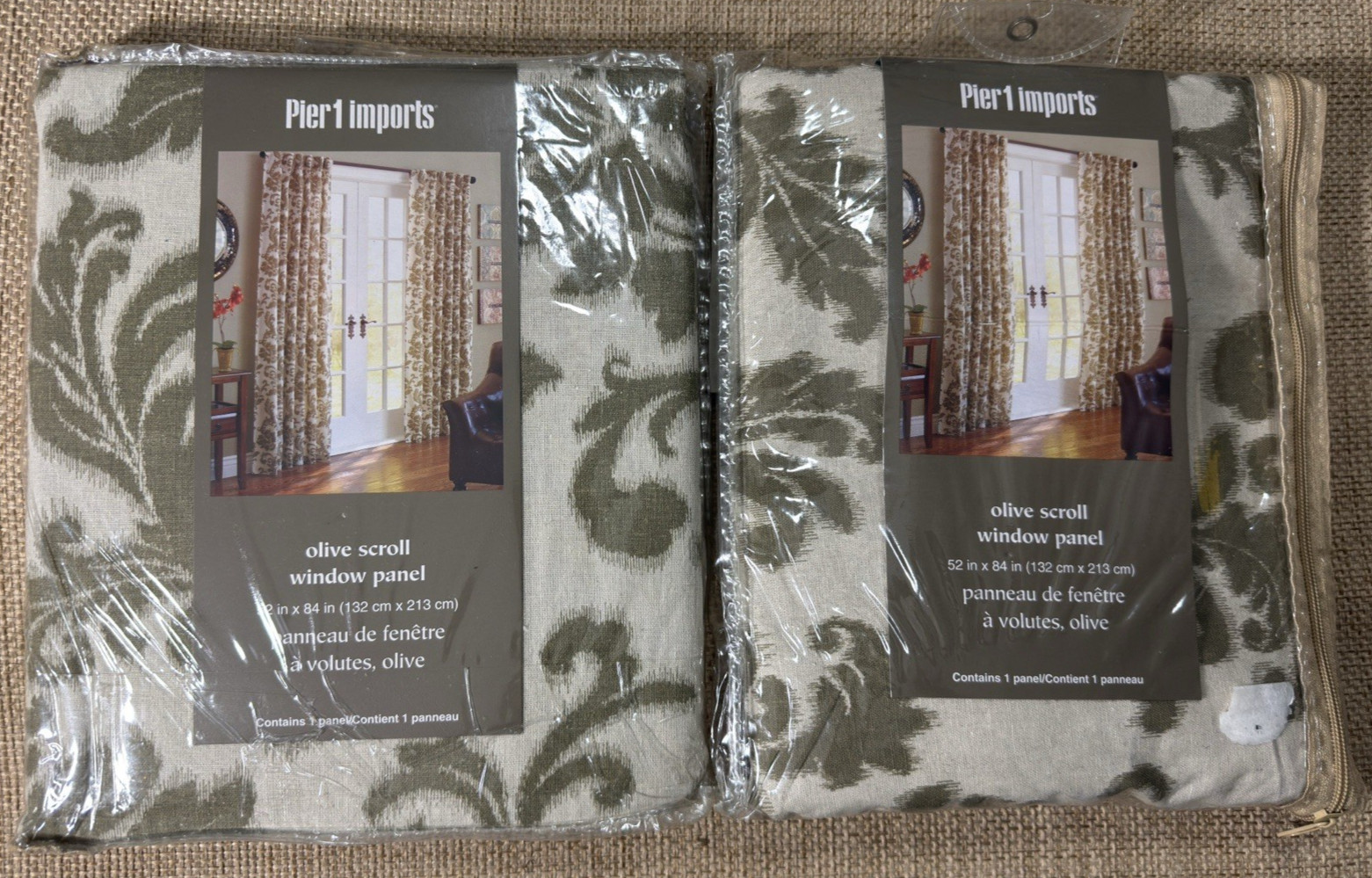 Pier 1 Olive Scroll Curtain Set Panel Curtain Linen Blend 52×84 Ikat Floral Boho