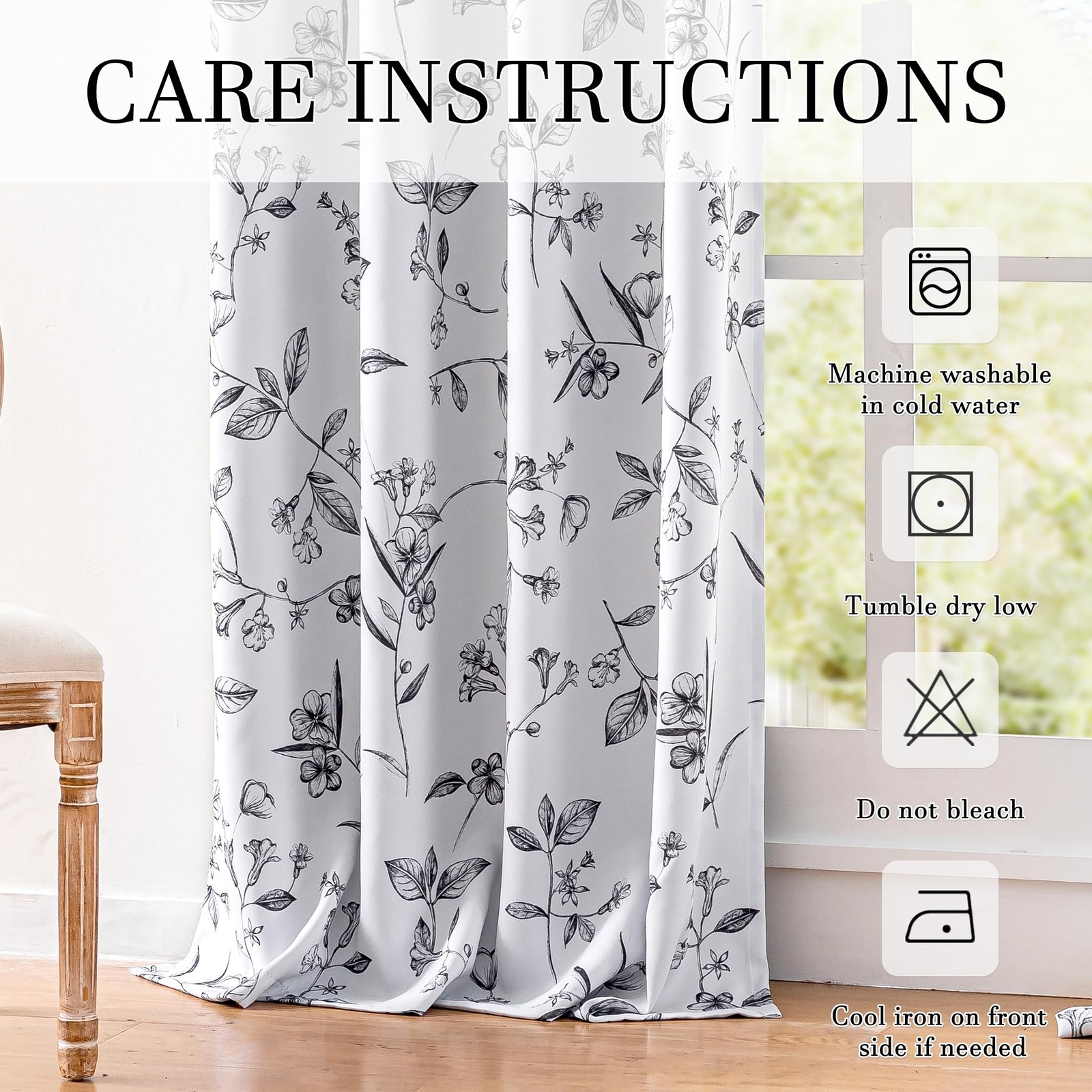 ChrisDowa 100% Blackout Floral Curtains 63 Inches Long 2 Panels for Bedroom