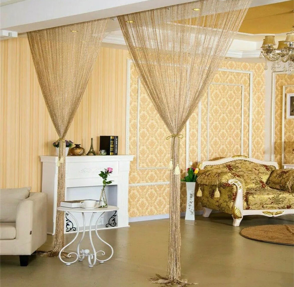 Door String Fringe Curtain/ Gold /Ivory77x35″