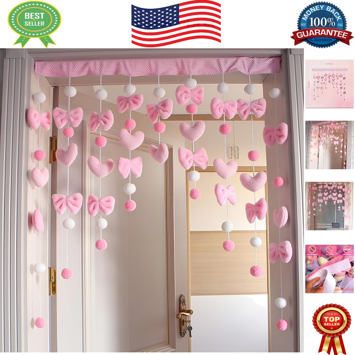 Kawaii Heart-Shaped Curtain 33″ W x 36″ L with Pink Bow for Girls’ Rooms