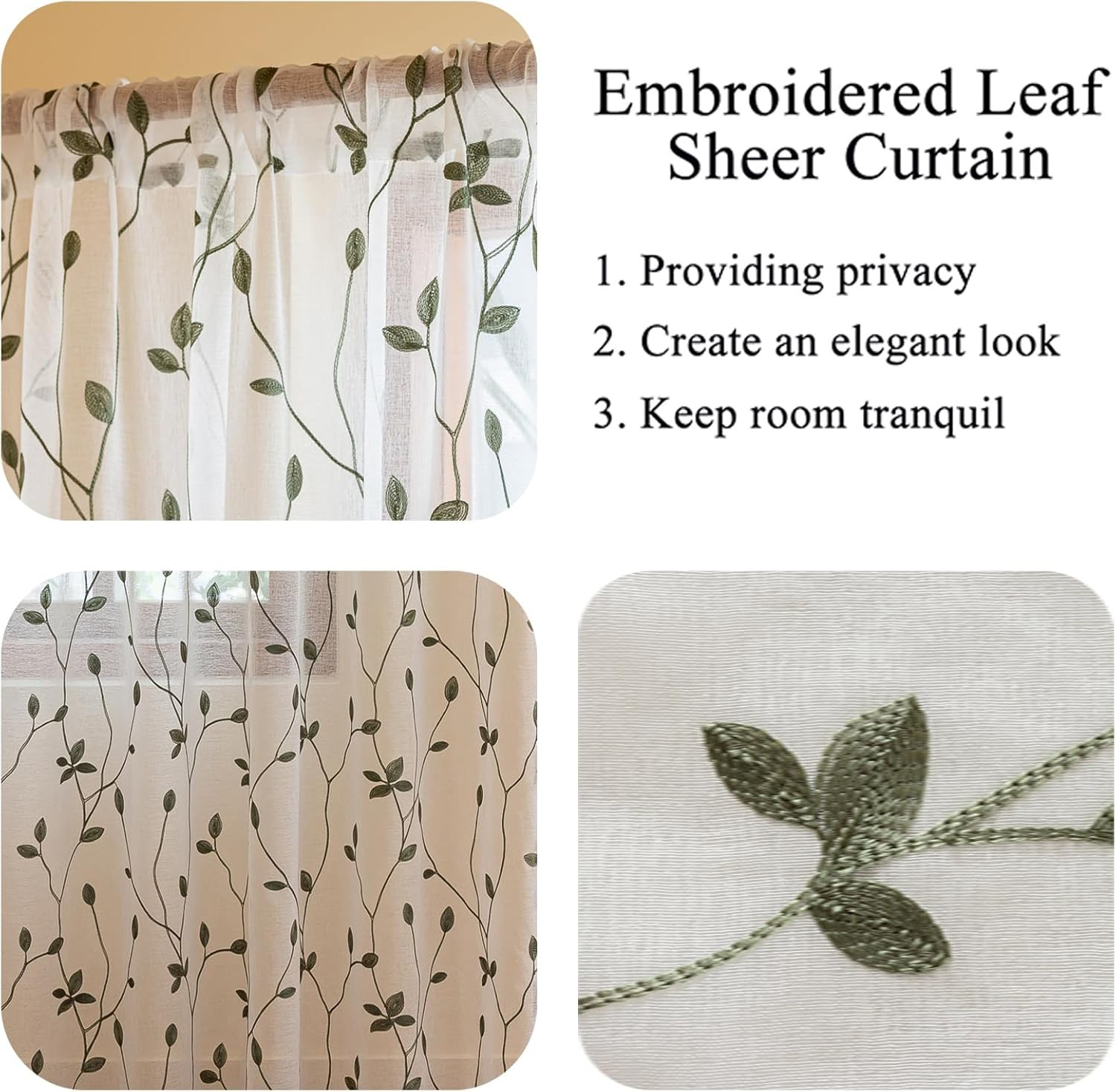 2 Panels Embroidered Leaf Pattern Semi Sheer Curtains Foliage Floral Voile Windo