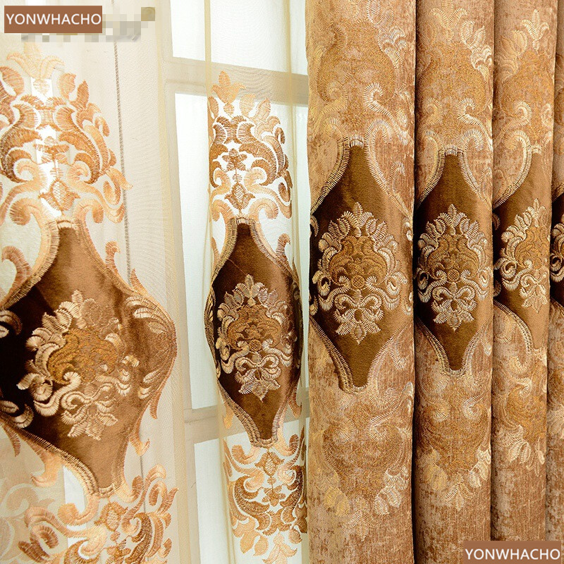 embroidered chenille coffee thick cloth blackout curtain valance drape B819