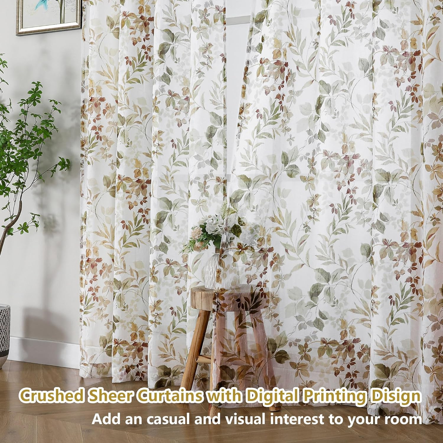 Crushed Sheer Curtains 36 Inch Tier Panels Printed Light Filtering 2 Pc Set 42×3