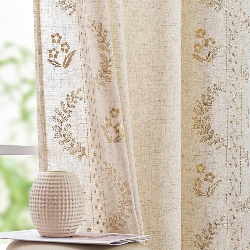 Farmhouse Floral Linen Curtains Light Filtering Embroidered Window Panels 2-Pack