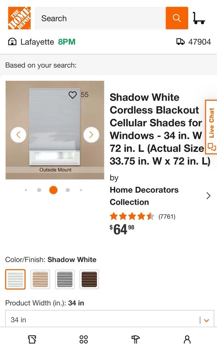 Shadow White Cordless Blackout Cellular Shade 34 in. W x 72 in. L Blinds