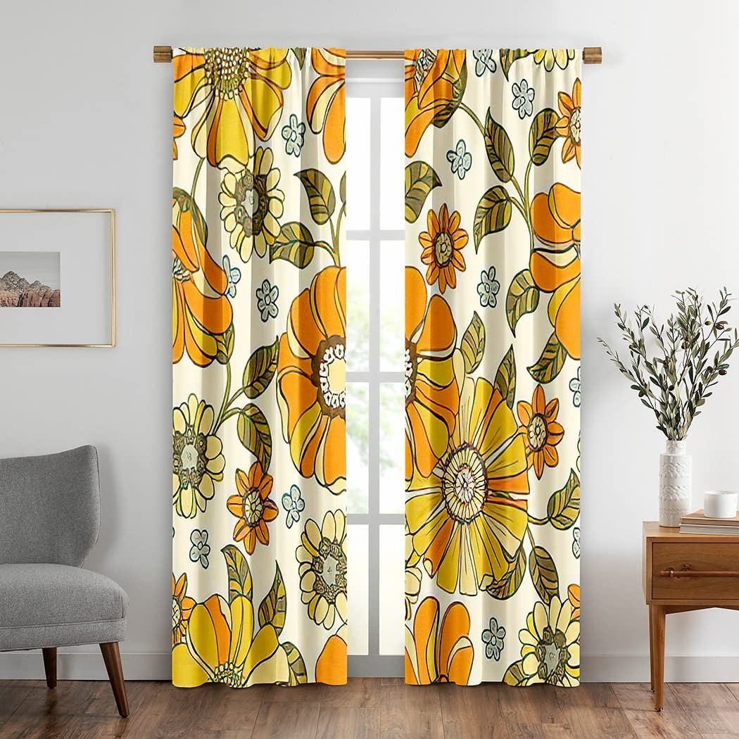 Daisy Flower Pattern Window Drapes Curtain Colorful Large Floral Retro 70S