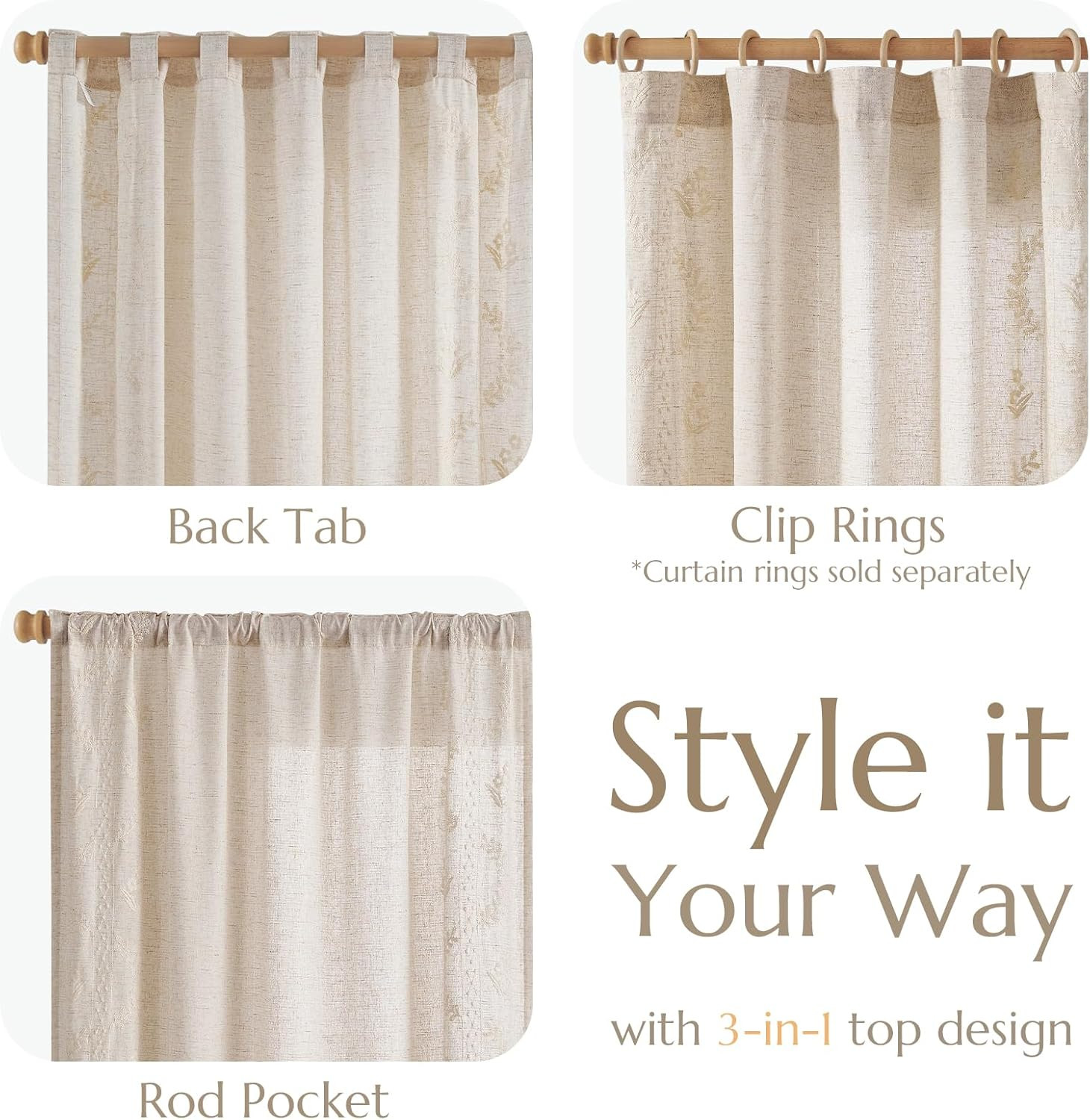 Floral Linen Curtains 96″ Ivory Embroidered Drapes for Bedroom & Living Room
