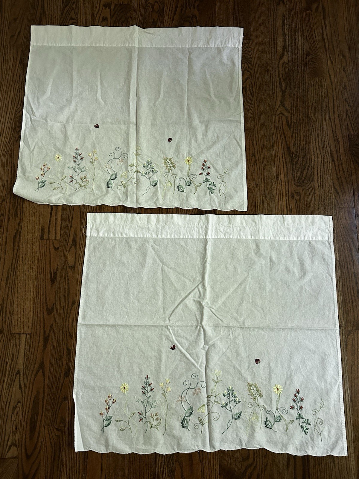 Cottage Style Hand Embroidered Cafe Curtain Panels Floral Ladybug White Scallop
