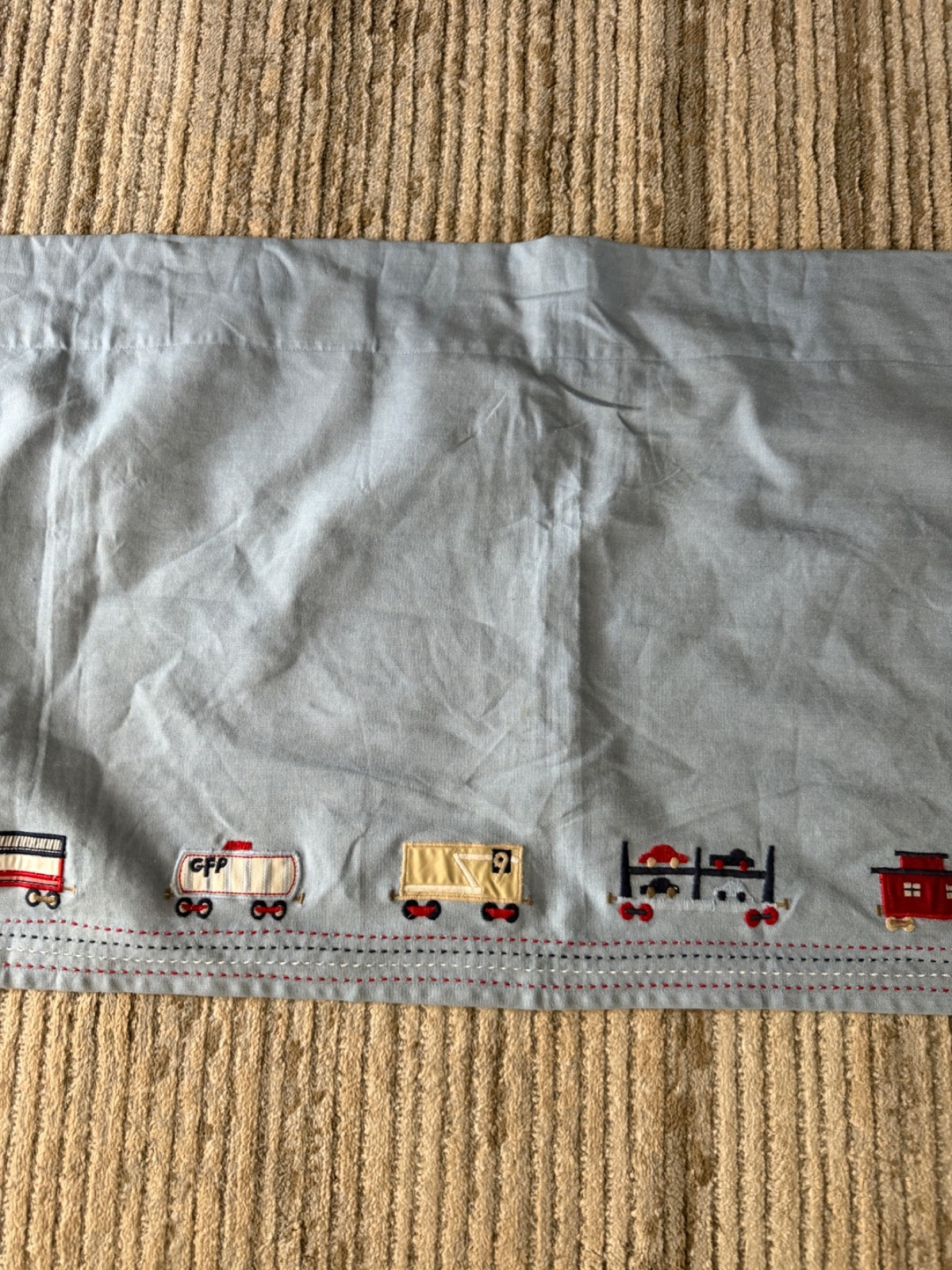 Pottery Barn kids Blue Chambray Train Trains Curtain Valance Single LIKENEW
