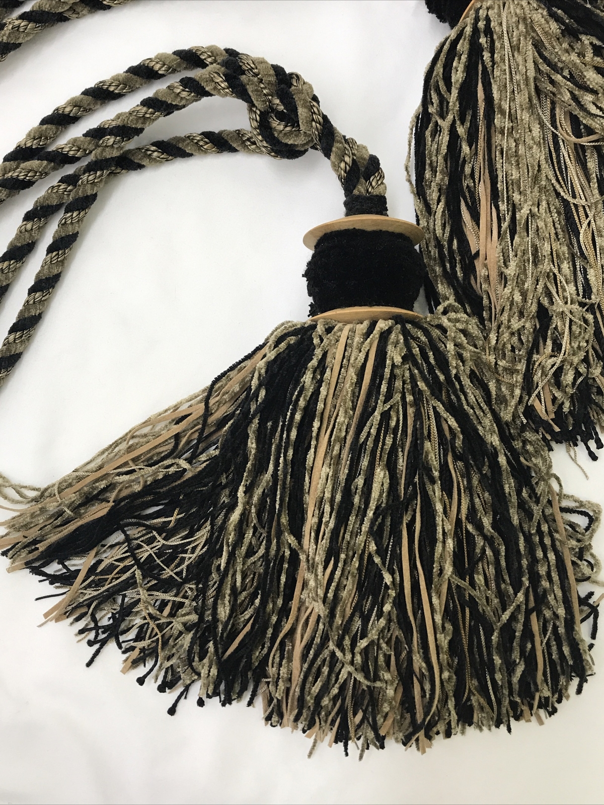 Pair Chenille Rustic Curtain Tie Backs Tassels Black Brown Taupe Traditional