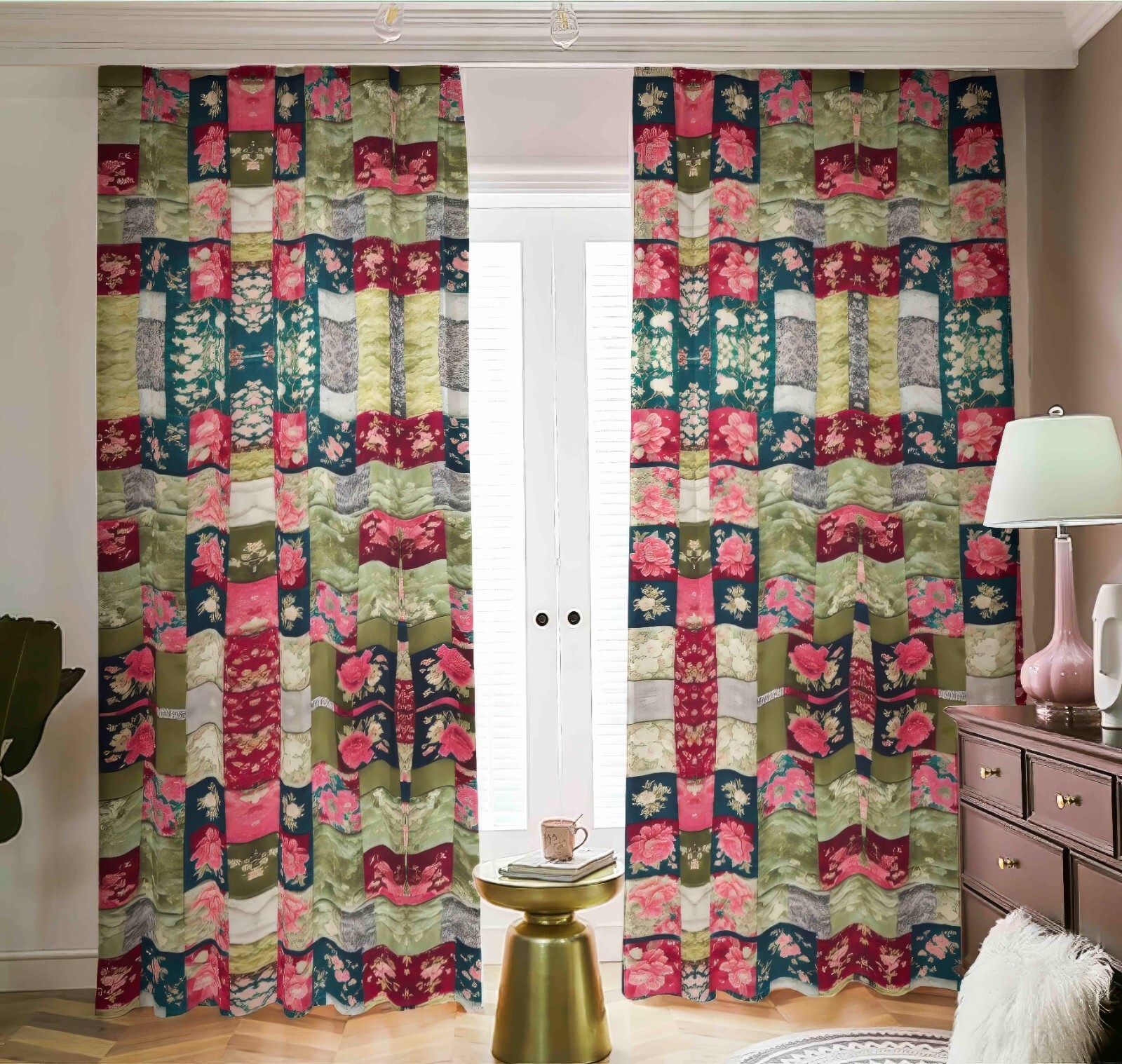 Bohemian Floral Patchwork Blackout Curtains, Black Out Drapes Shades Boho Pink