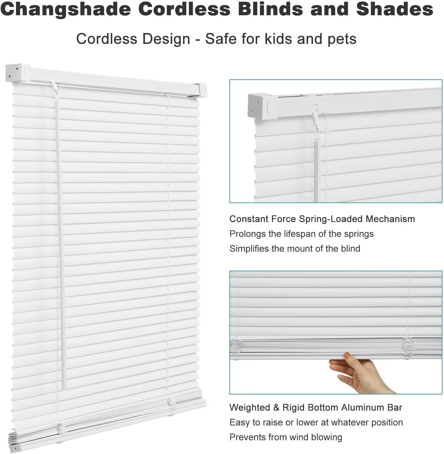 Changshade Cordless Venetian Vinyl PVC Blinds 1 Inch Horizontal Window Shades