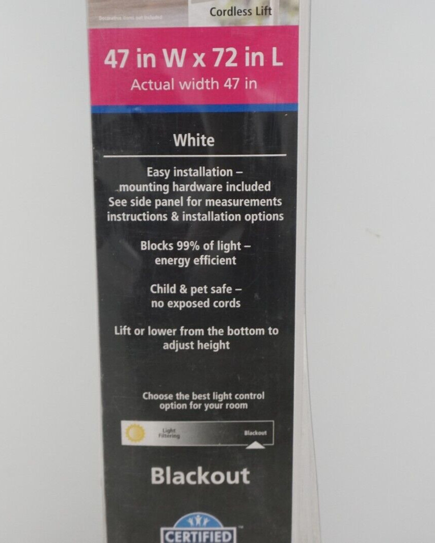 NEW Mainstays Cordless Polyester Blackout Cellular Shade, White, 47″ x 72″