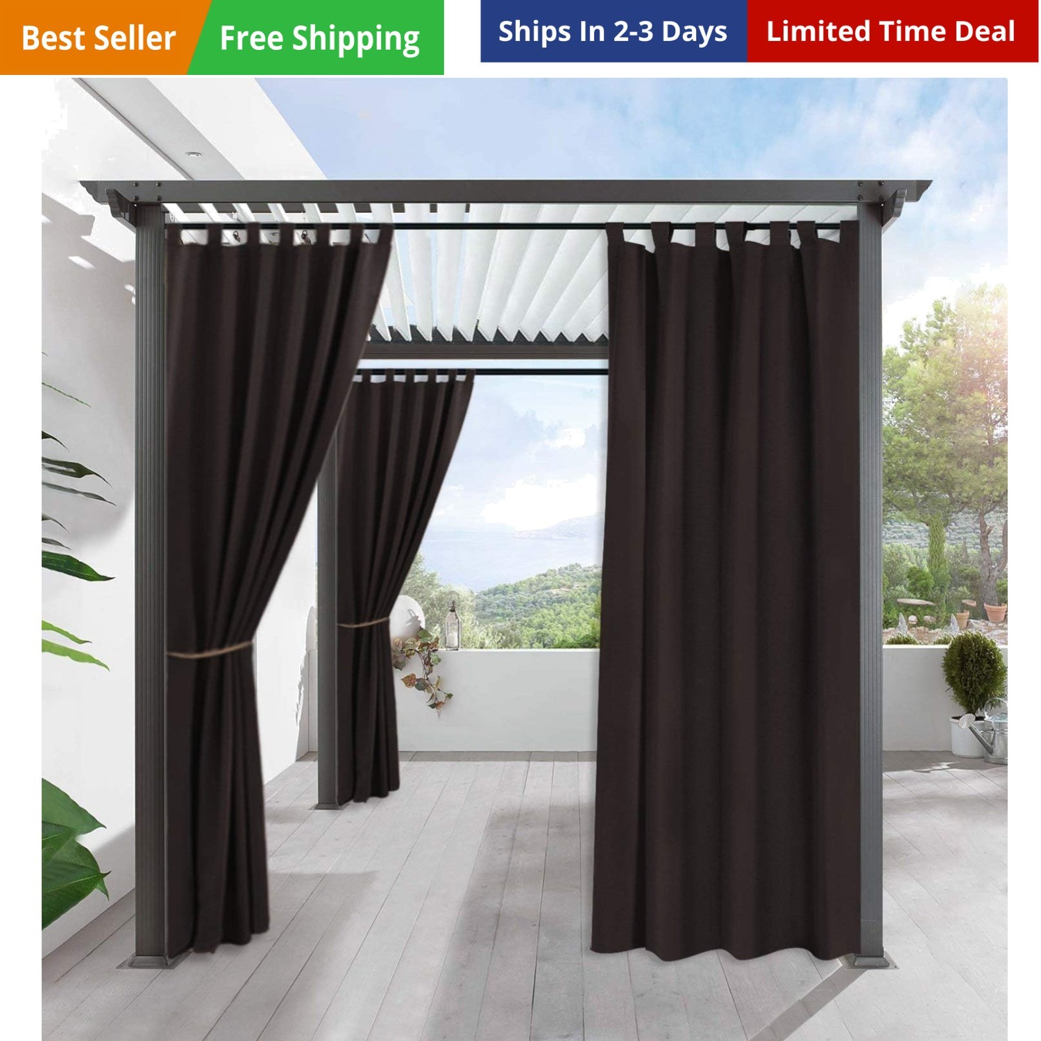 Outdoor Curtains for Patio Waterproof – 4 Panels, W52 x L84, Brown – Block Su…