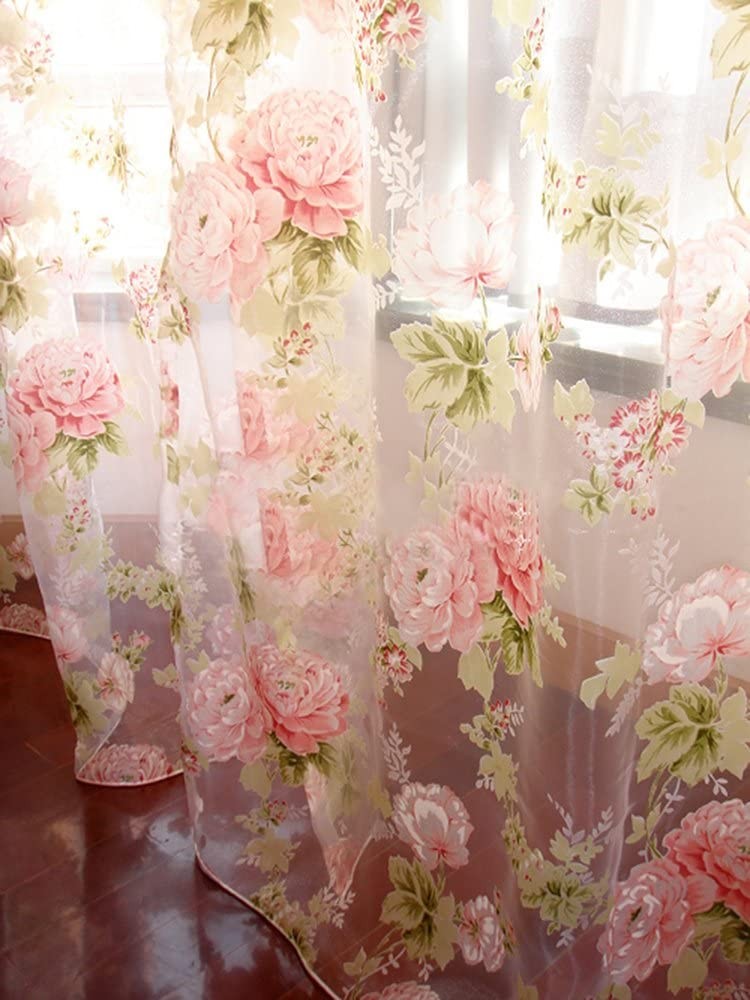 2 PCS French Country Elegant Pink Rose Flower Sheer Voile Curtain Panel Drape