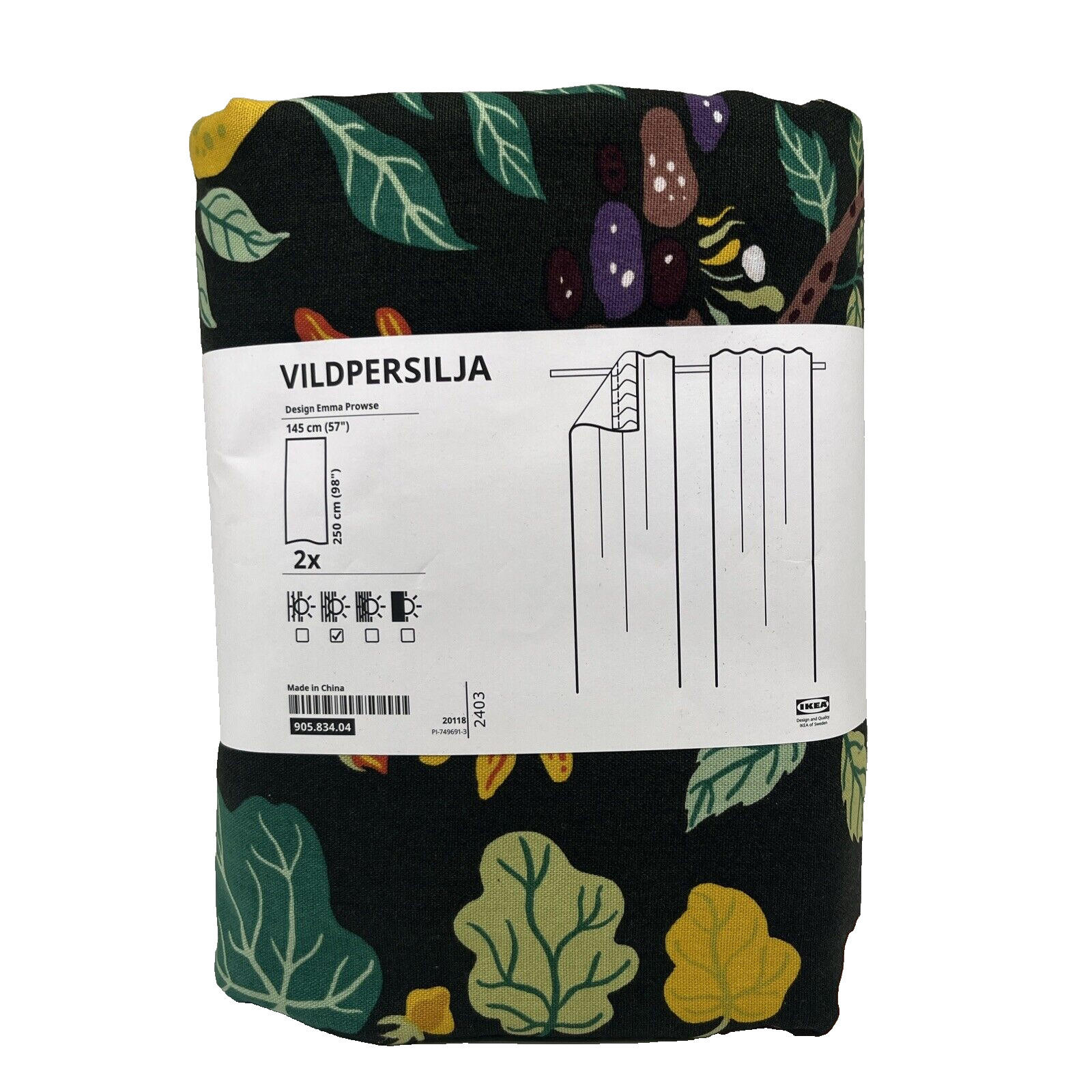 New IKEA VILDPERSILJA Curtains 1 Pair Black-Green Floral Pattern 905.834.04