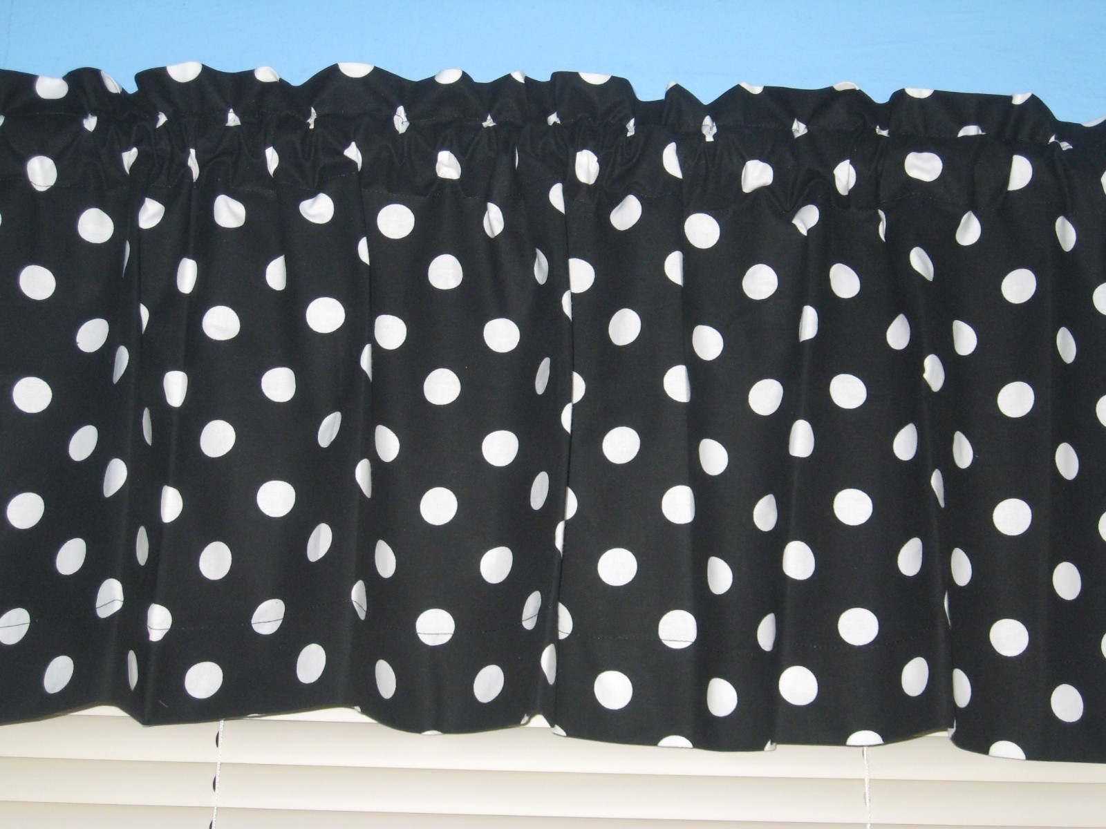Large White Polka Dots on BLACK Handmade Cotton Window Curtain Valance