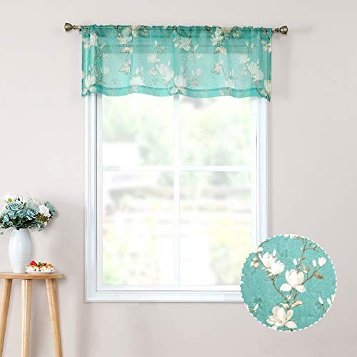 Floral Sheer Valance Curtains Flower Print 54″W x 16″L (Pack of 1) Turquoise