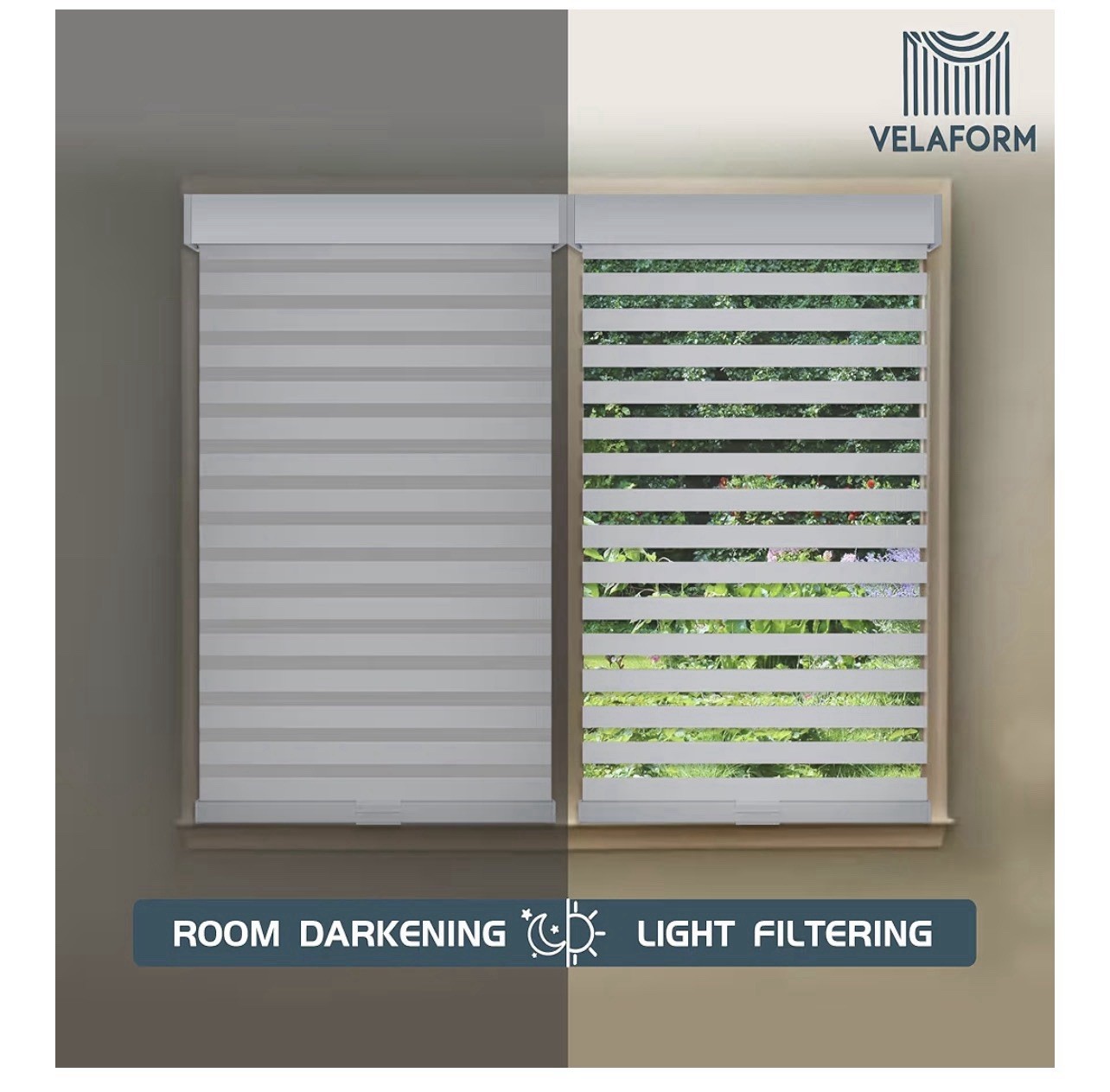 Cordless Zebra Blinds VELAFORM (72” W x 72″ H),Free-Stop, Grey