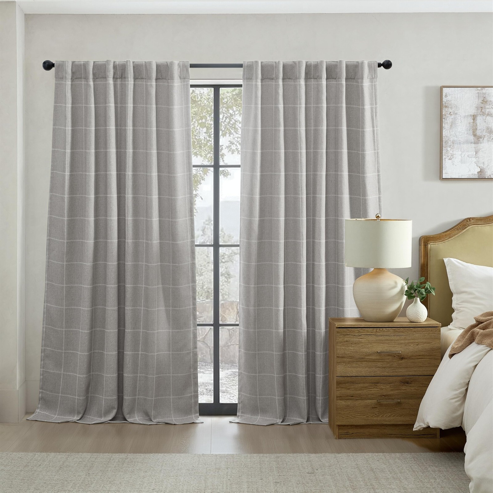 Room Darkening Window Curtain Panel, 52″x95″, Gray Plaid, Rod Pocket/Back Tabs,