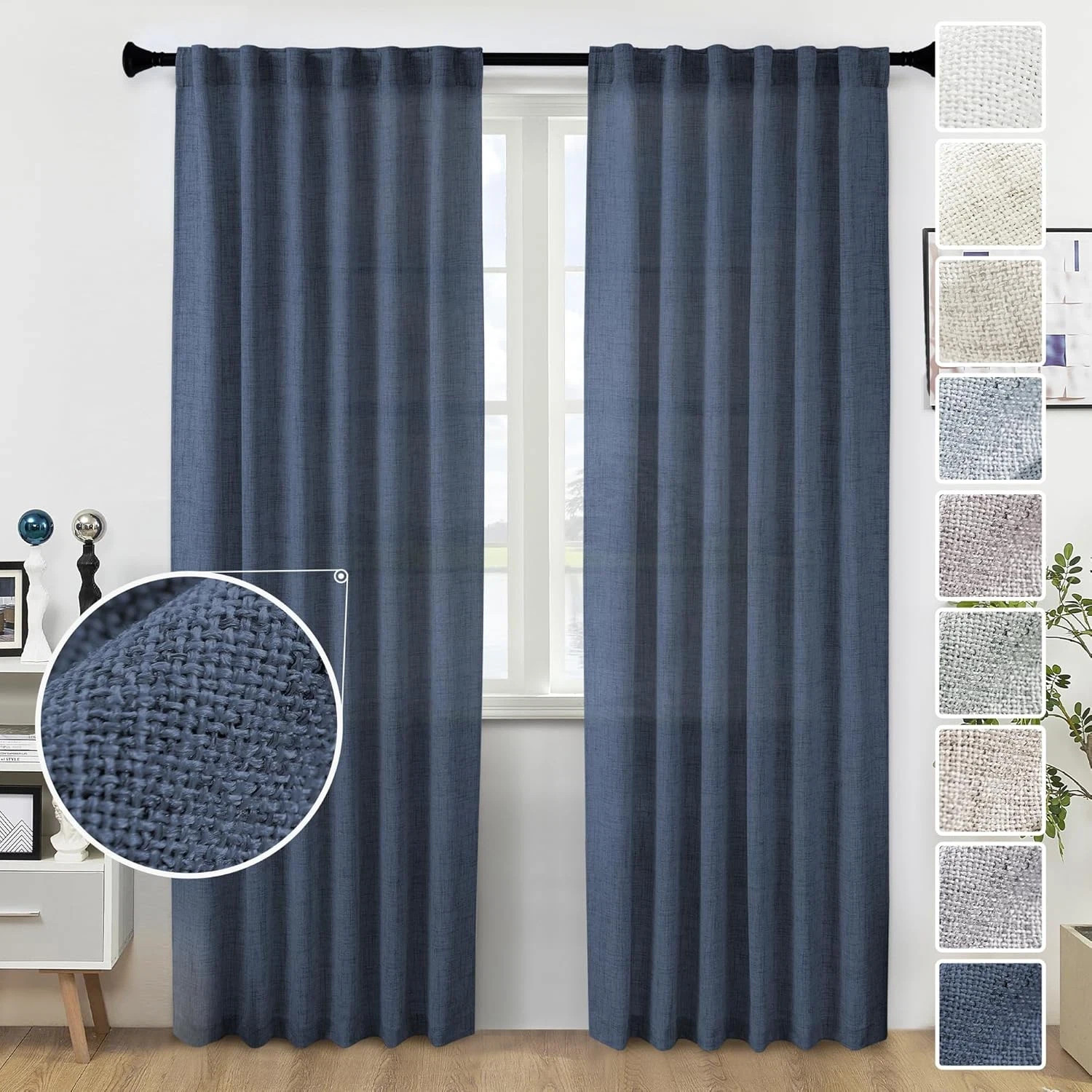 Navy Blue Curtains 2 Panels 96 Inch Long Light Filtering Semi Sheer Drapes