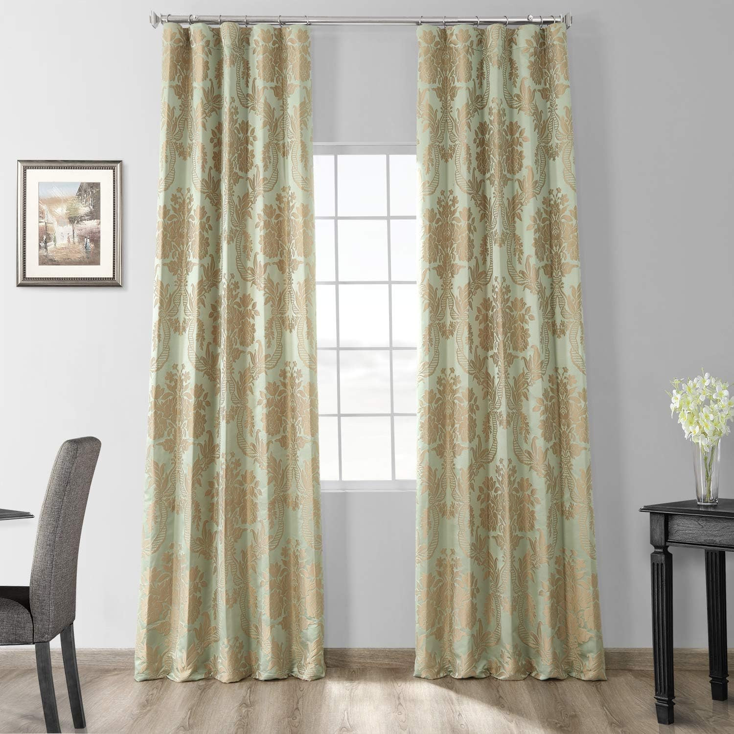 Jade & Gold Designer Damask Faux Silk Room Darkening Curtain 50×96 Inches
