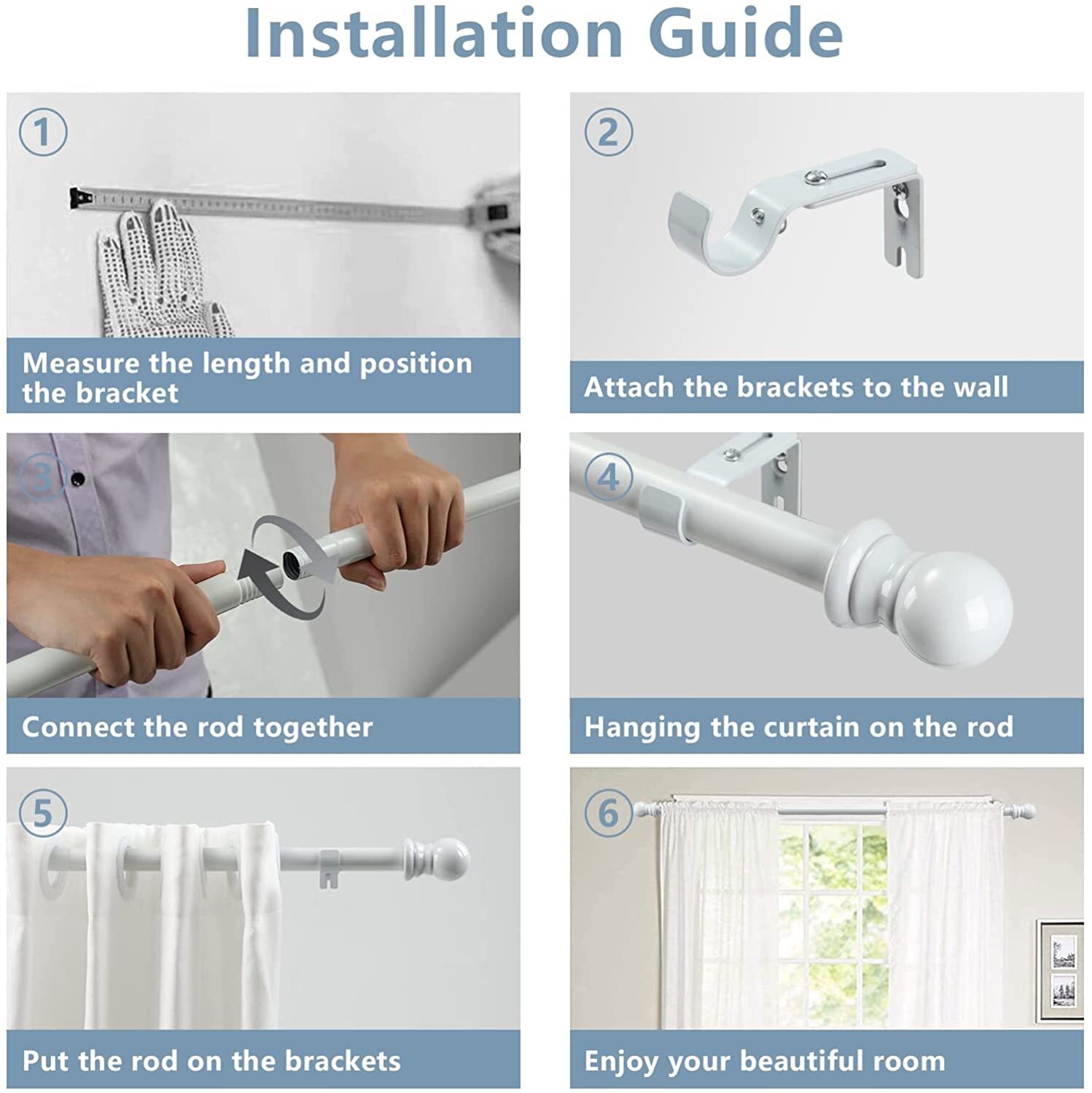 1 inch White Curtain Rod Set 30-44″ Heavy Duty Curtain Rods with Adjustable Brac