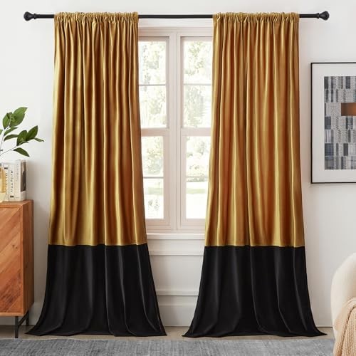 Velvet Curtains 84 inches Long for Living 52″W x 84″L (Pack of 2) Gold & Black