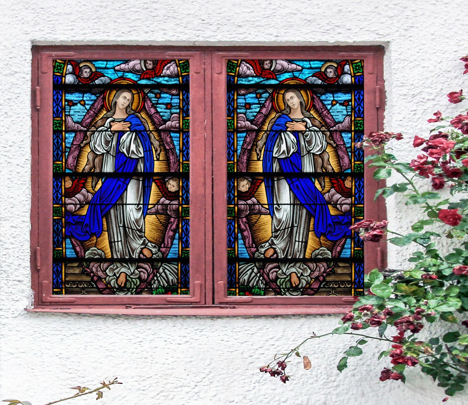 3D Blue Madonna ZHU360 Window Film Print Sticker Cling Stained Glass UV Zoe