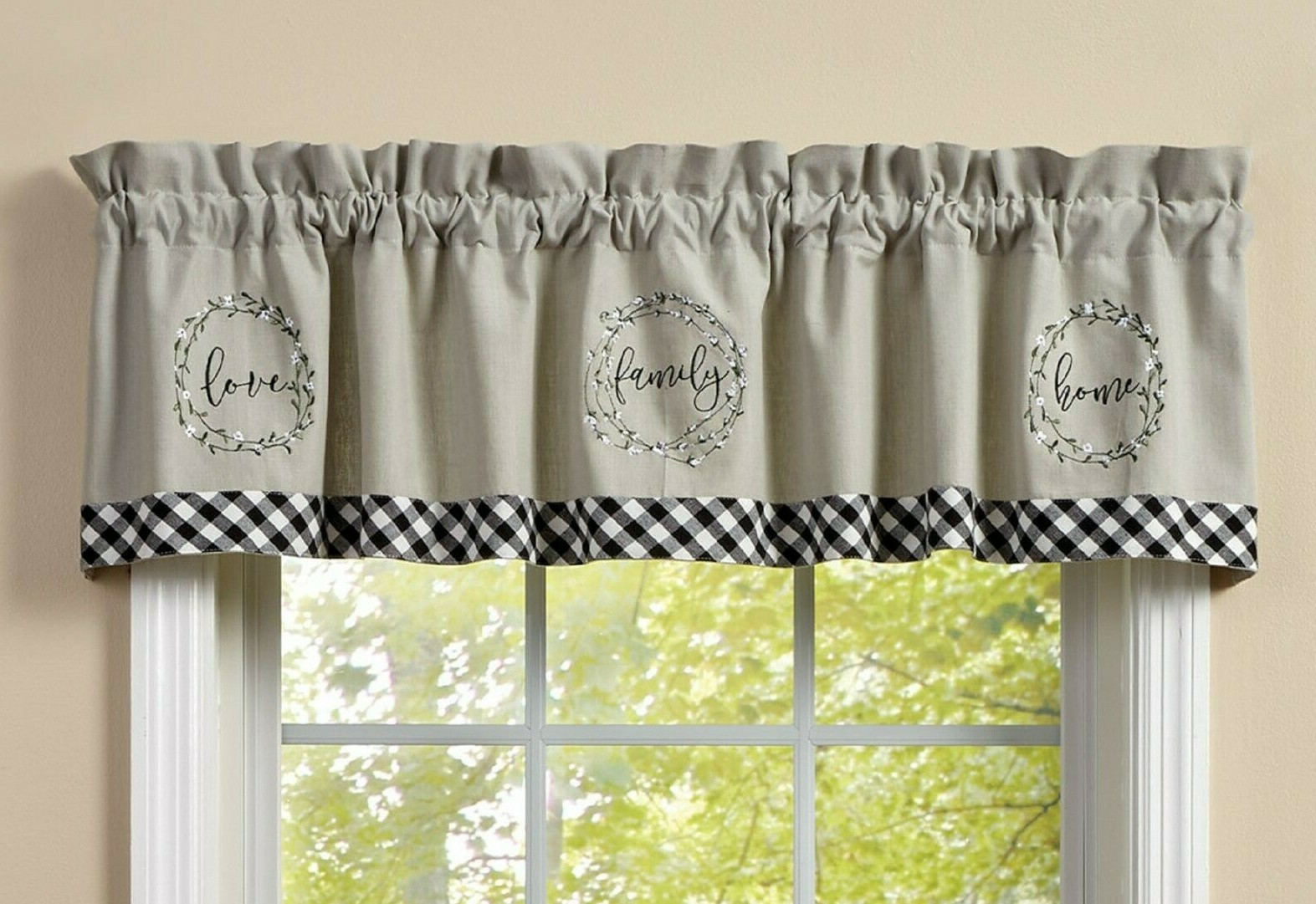 NEW GRAY FARMHOUSE WINDOW VALANCE BOUQUET OF GRACE Love Family Home Black White