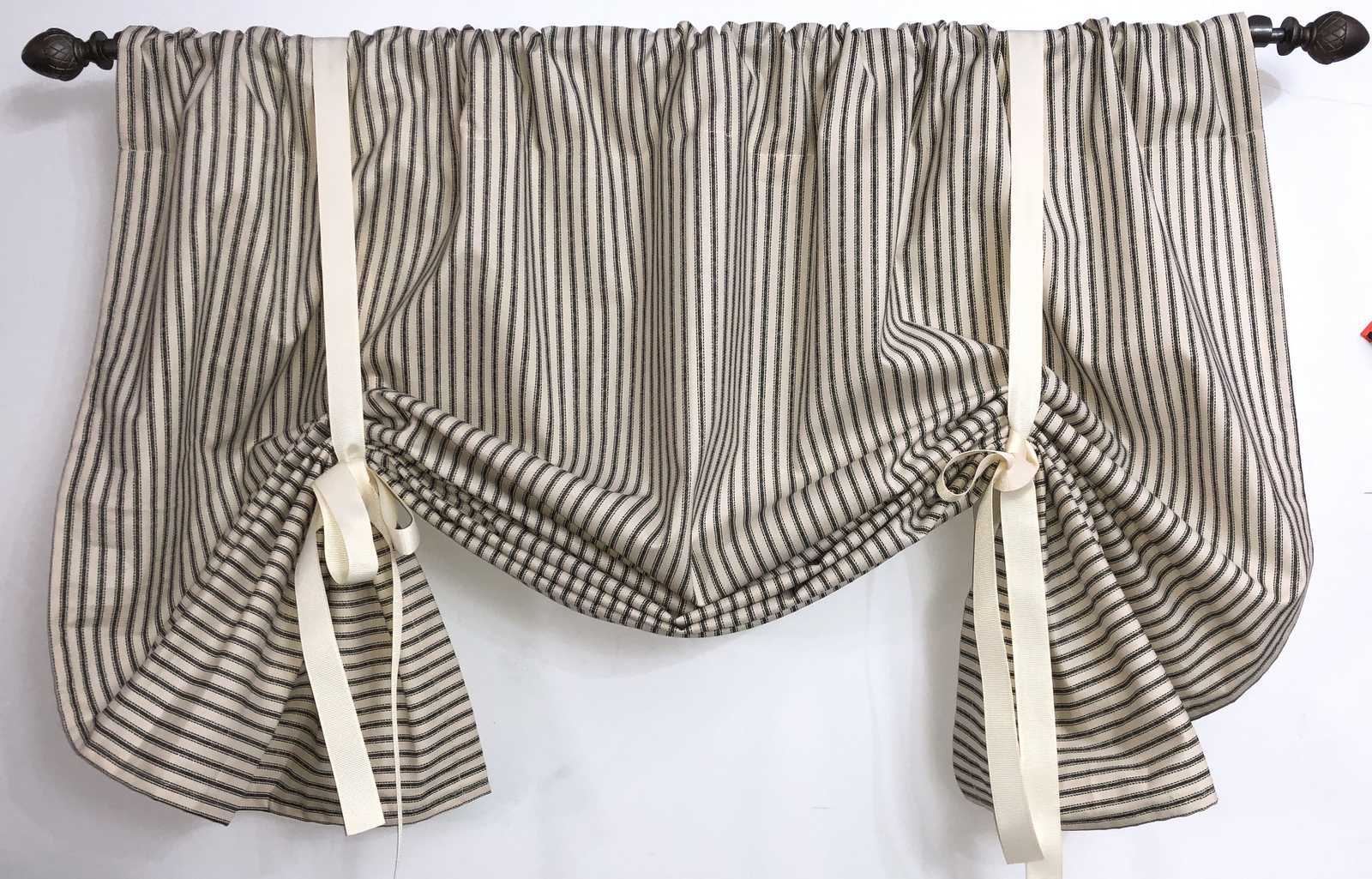 Black and Cream Ticking Stripe Tie Up Valance Ribbon Farmhouse Kitchen Curtain