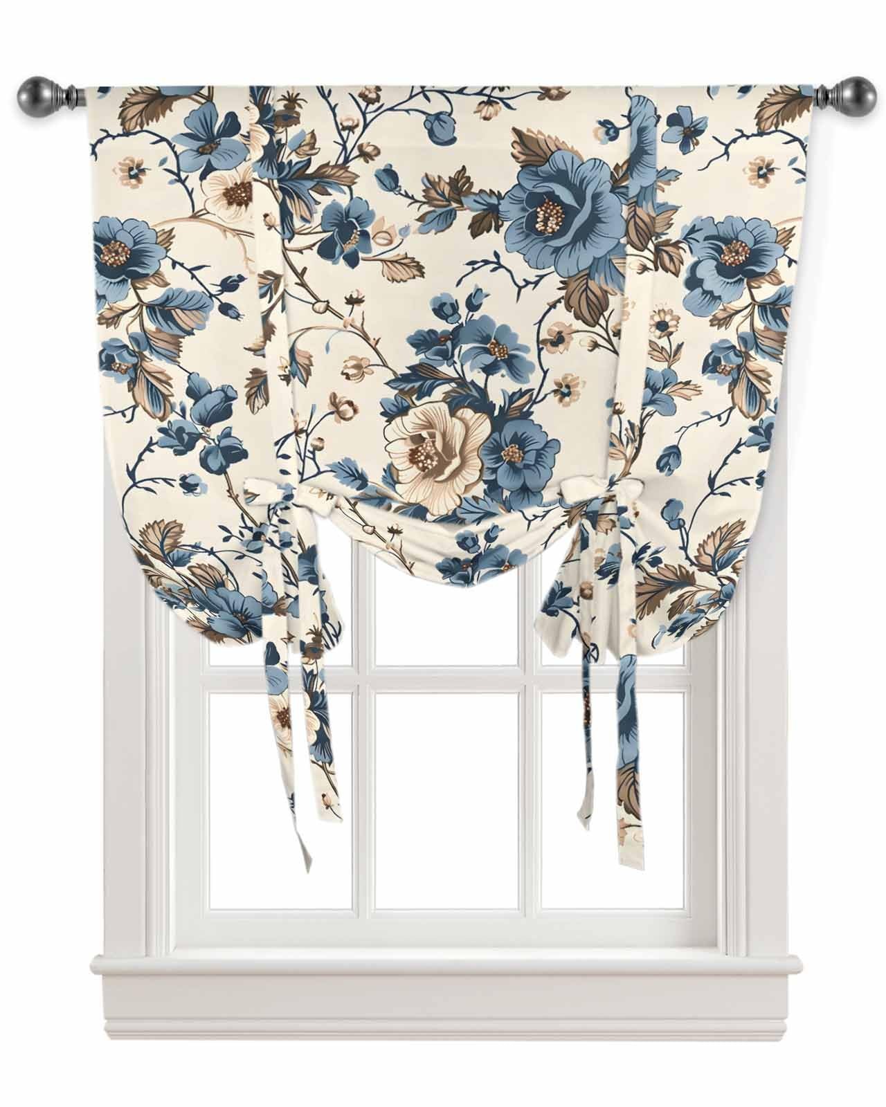 Blue Floral Tie Up Curtains Thermal Insulated Blackout Window Adjustable Ball…