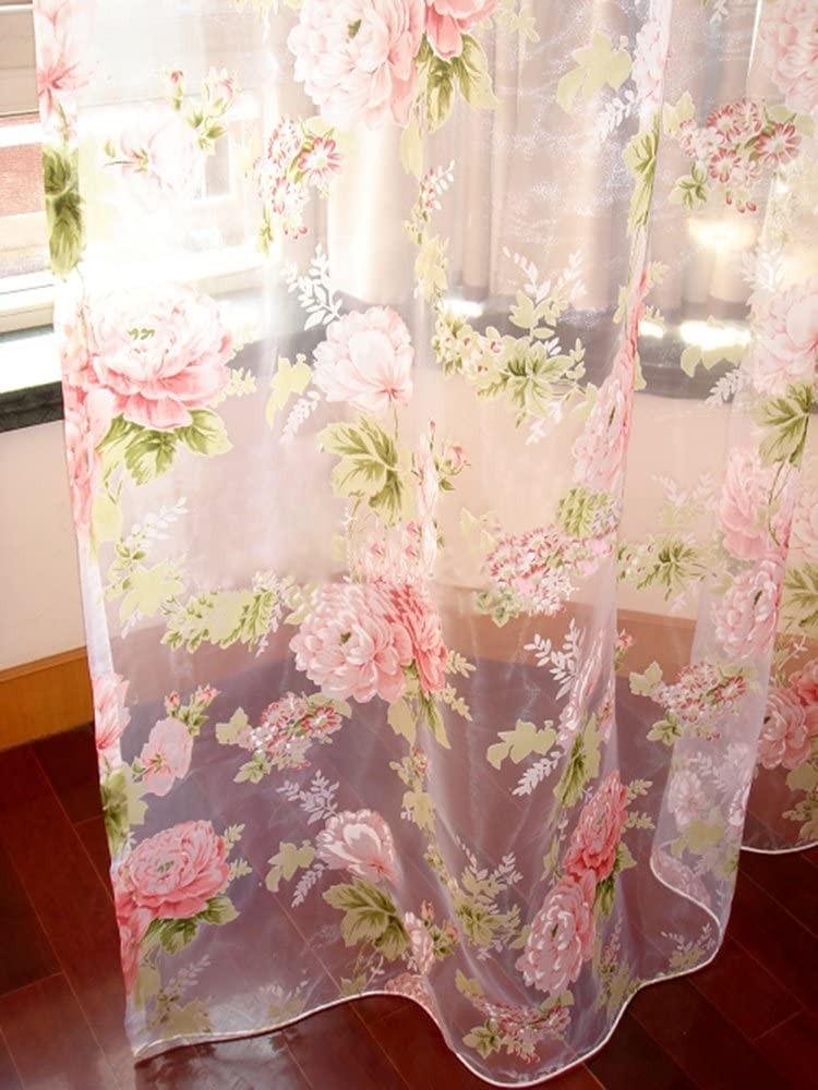 2 PCS French Country Elegant Pink Rose Flower Sheer Voile Curtain Panel Drape