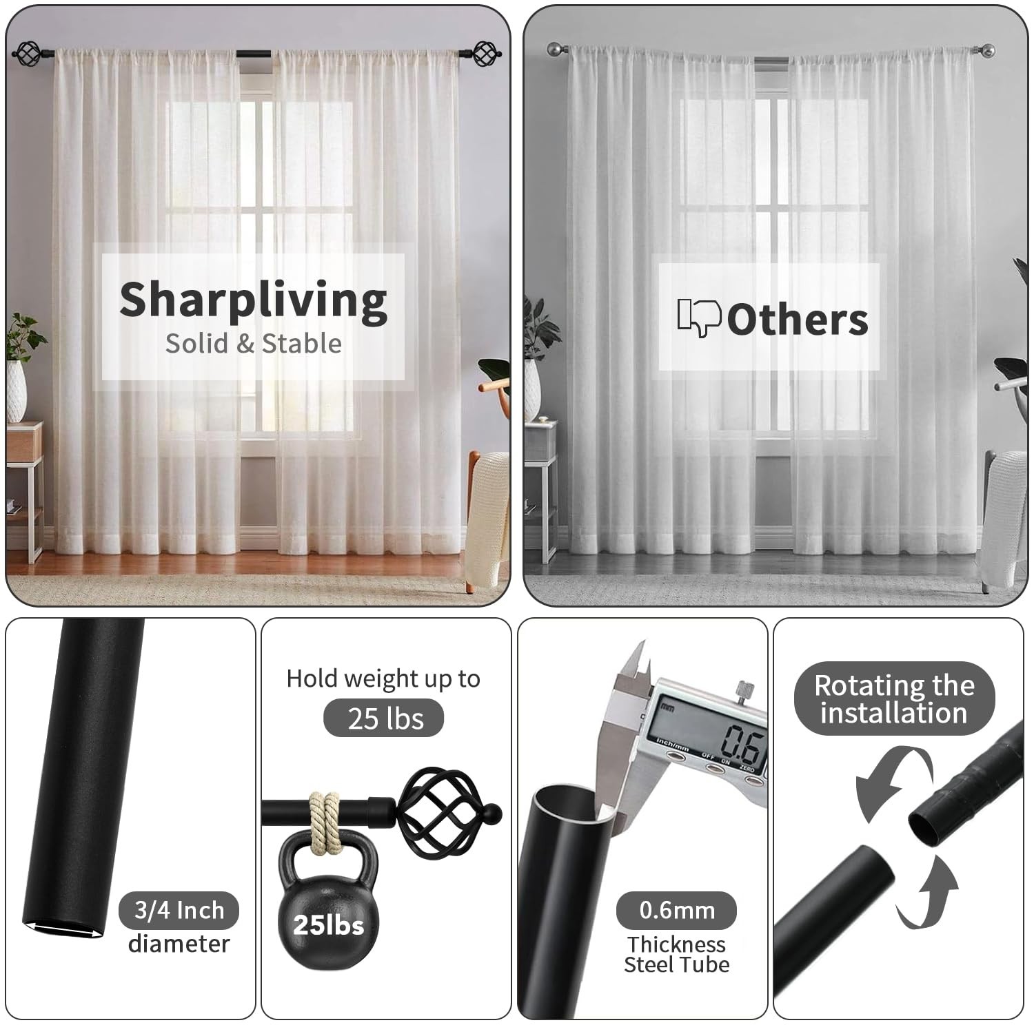 Decorative Curtain Rod with Glittering Gold Foil Finials Adjustable 66 to 120…