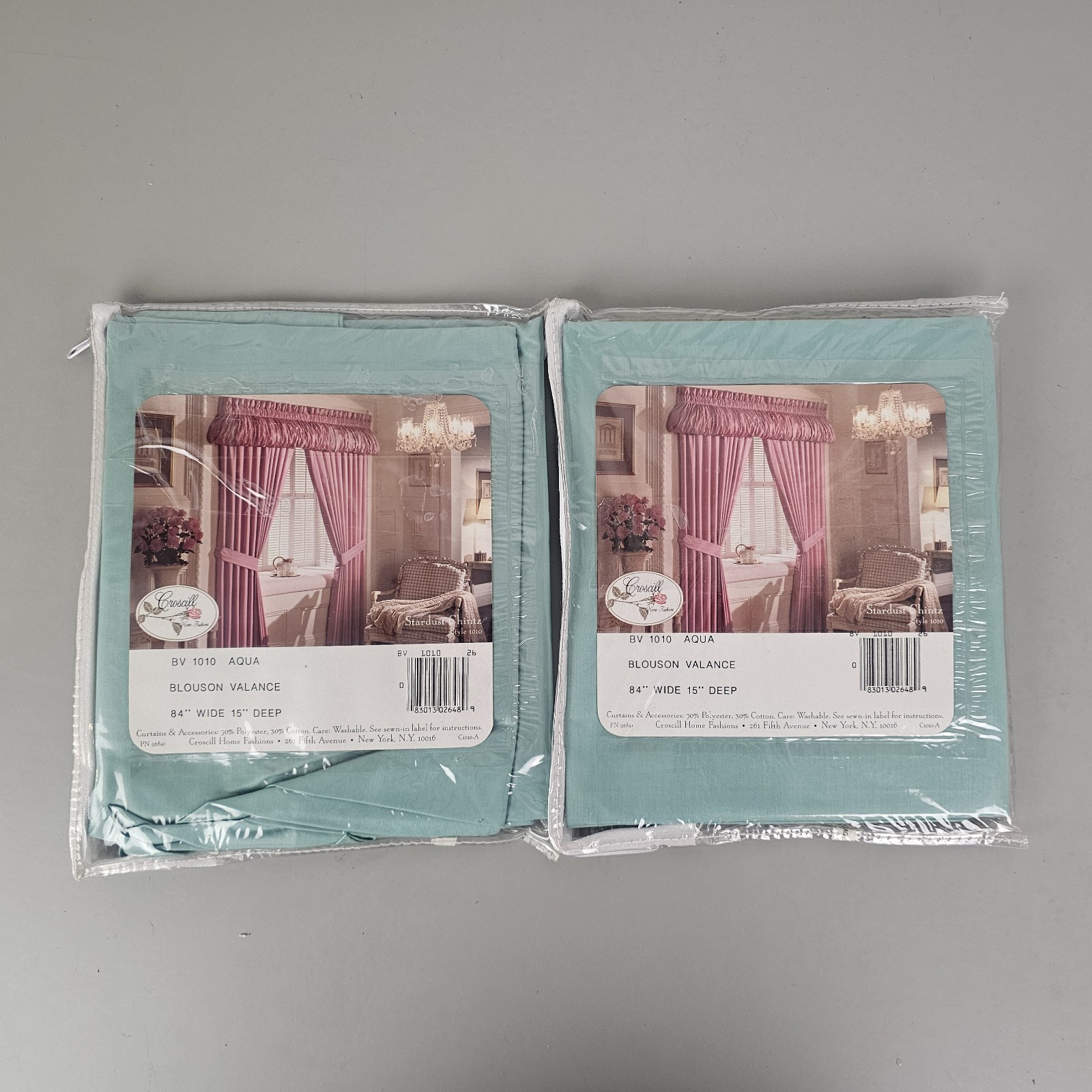Set of 2 Vintage Croscill Stardust Chintz Aqua Blouson Valance 84×15 Cottage NIP