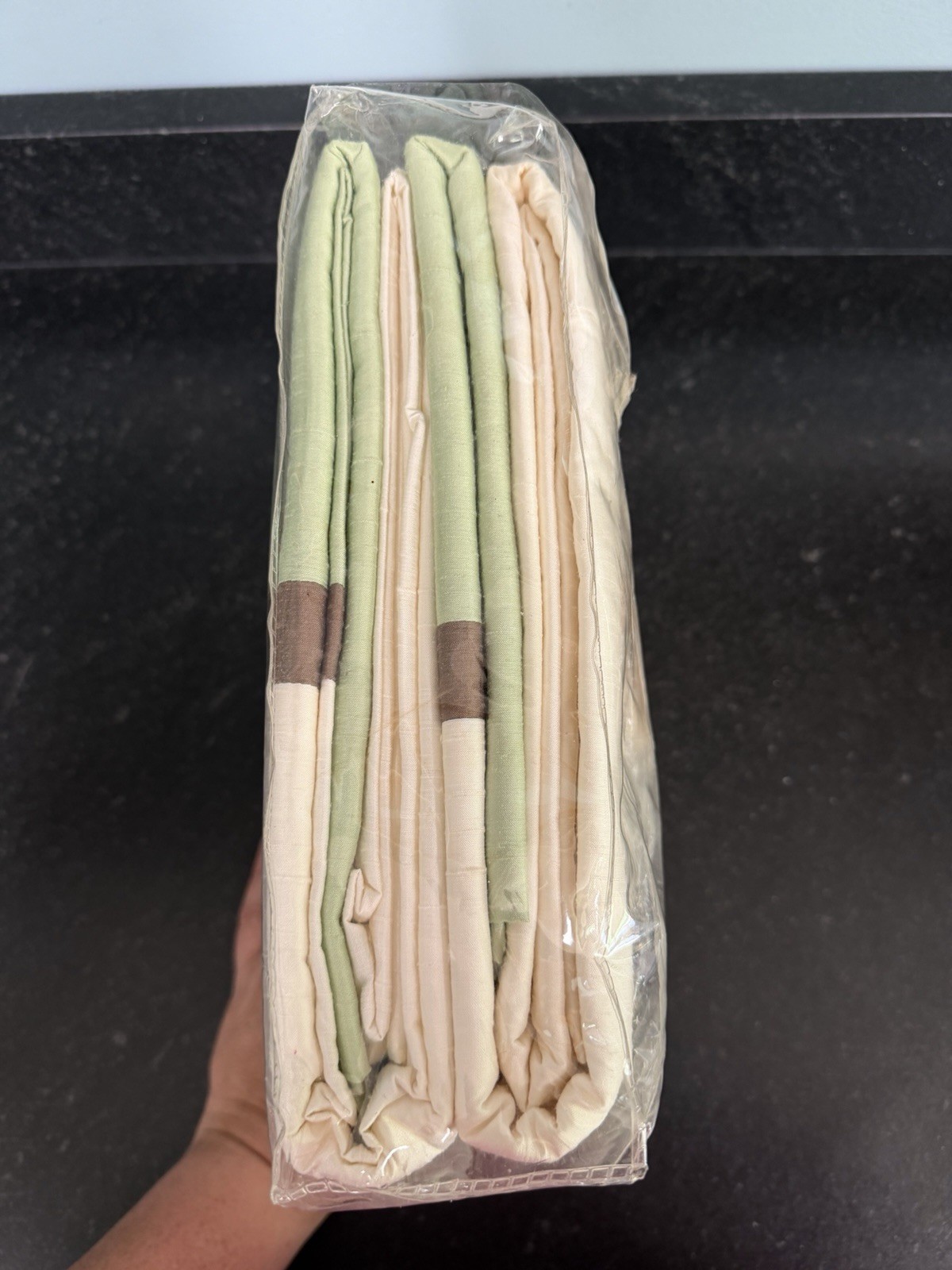 New Pottery Barn Kids Silk Block Curtain Panels Set 2 63” Length Green Ivory