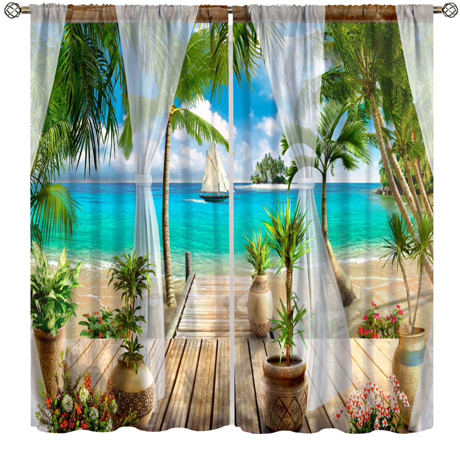 Tropical Seaside Curtains Sailboat Island Palm Trees Greenery Summer Landscap…