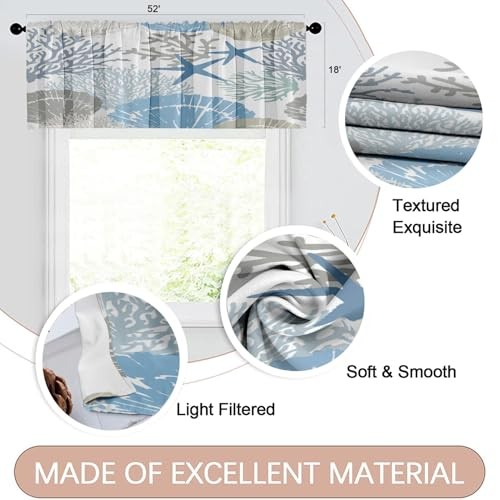2 Pack Valances Window Treatments, 18″W x 52″L (Pack of 2) Beach Starfish