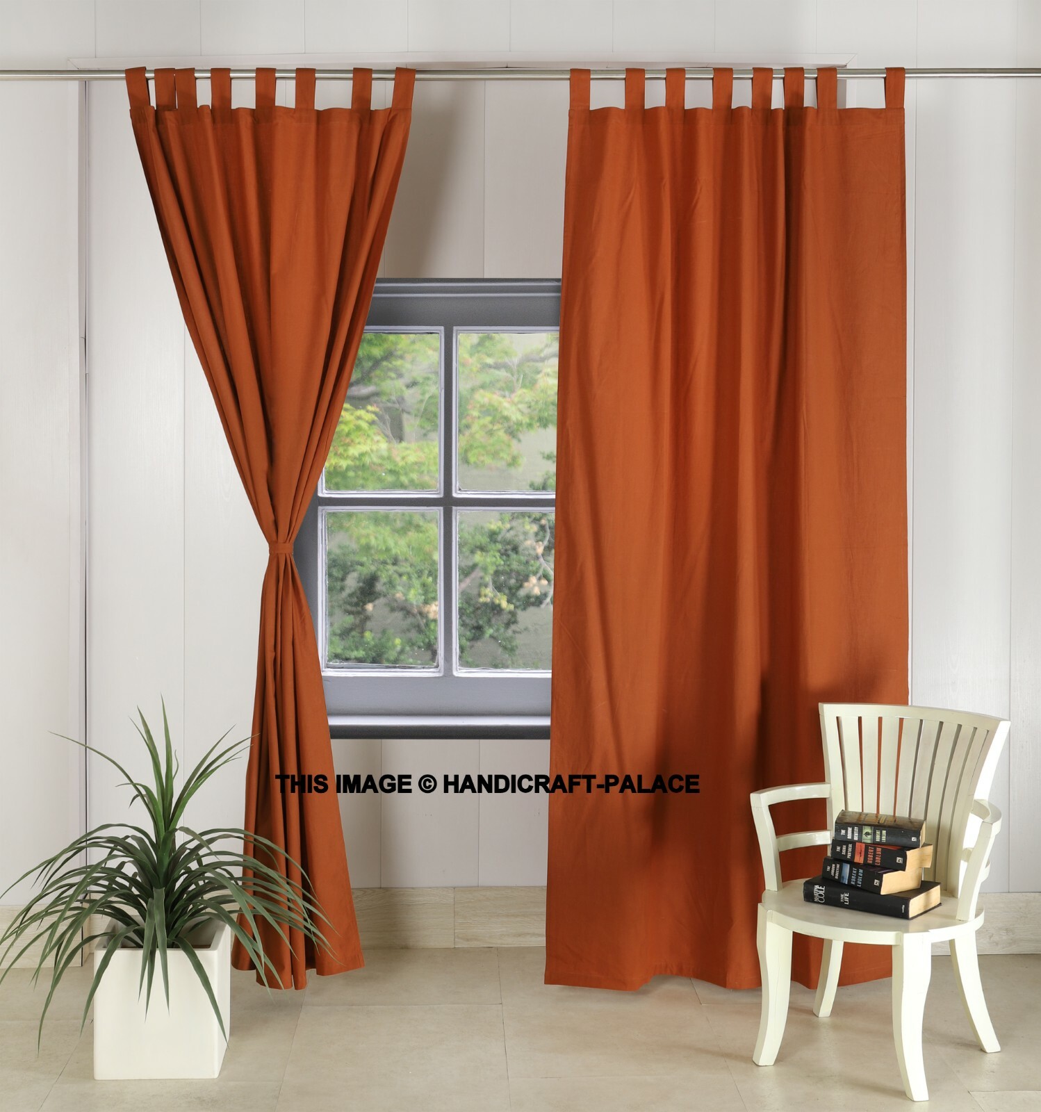 2 PC Rust Washed Cotton Solid Curtains Windows & Door Decorative Curtain Hanging