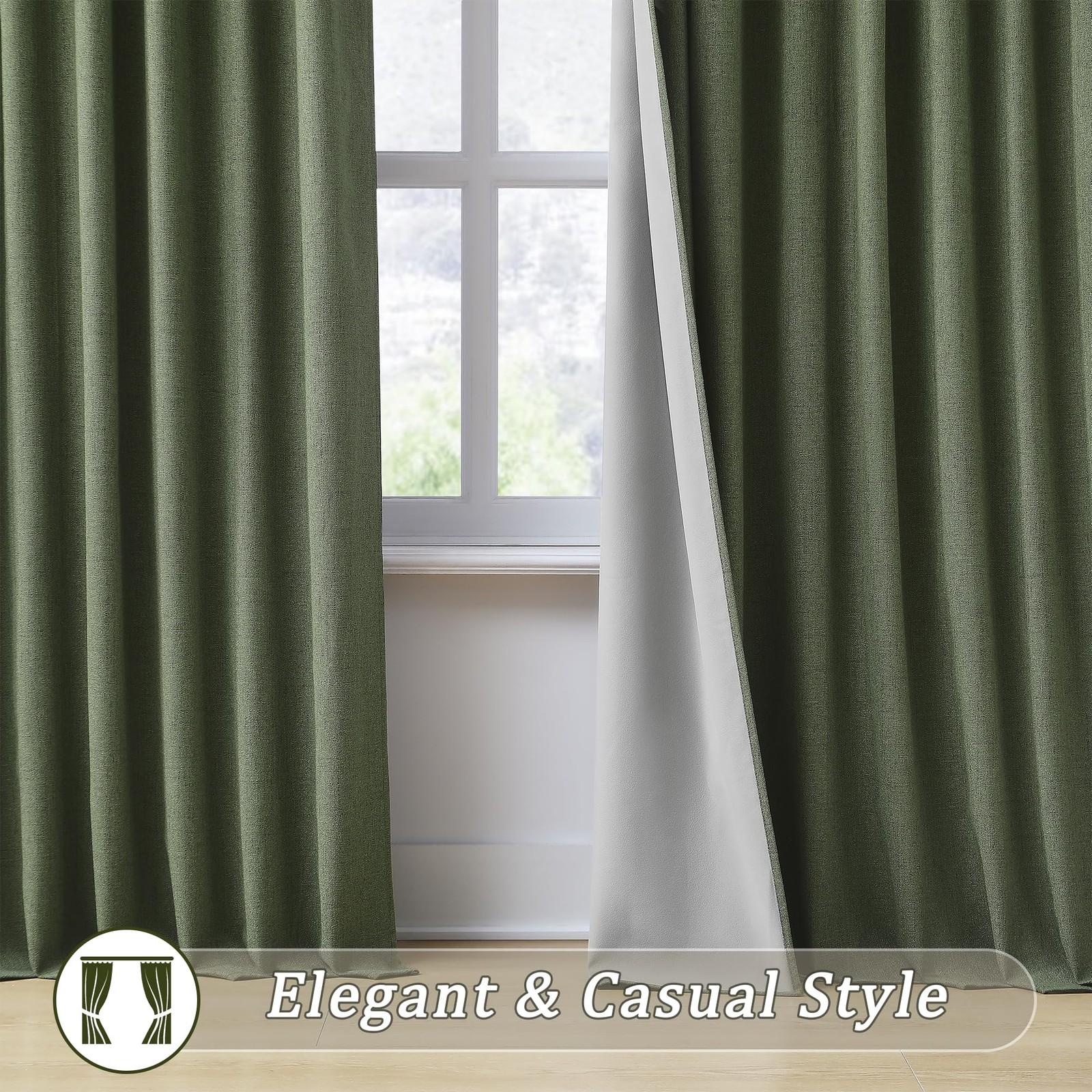 Olive Green Linen Curtains, Blackout, 84 Inch, Pinch Pleat, Bedroom