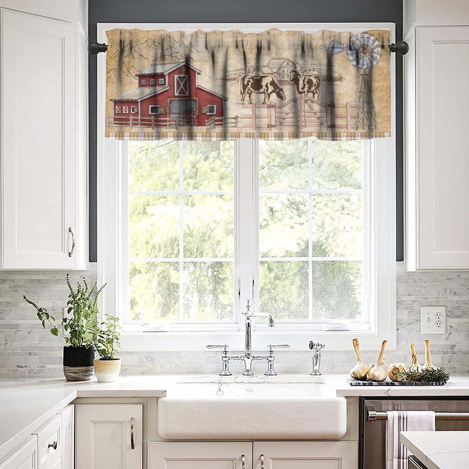 Rustic Farm Kitchen Curtain Valance Vintage Red Barn Cow Windmill Window Trea…
