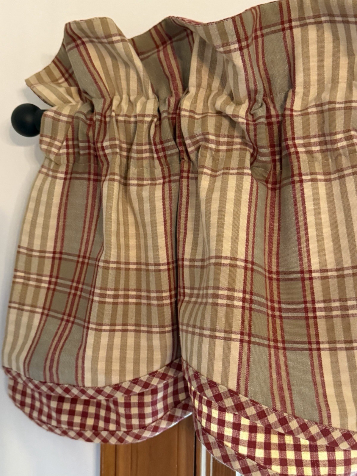 2 Waverly Scalloped Valances 76” x 16 Burgundy Cream Checked Plaid Farmhouse