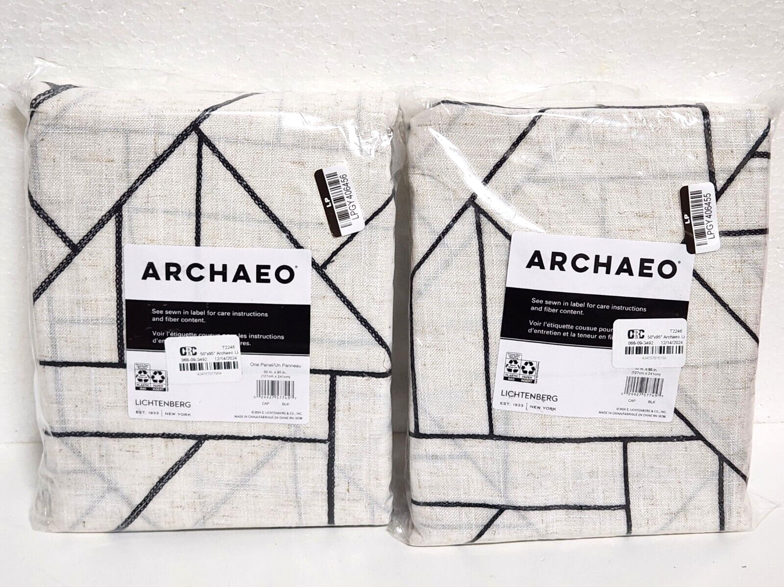 1 Pair 50×95 Archaeo Jigsaw Embroidery Linen Blend Curtain Panels Black/Cream