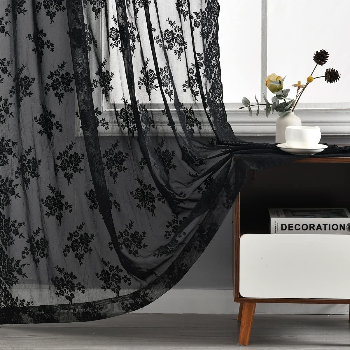 Black Lace Curtains 54 Inch Length 2 Panels, Country Rustic Floral Pattern Gothi