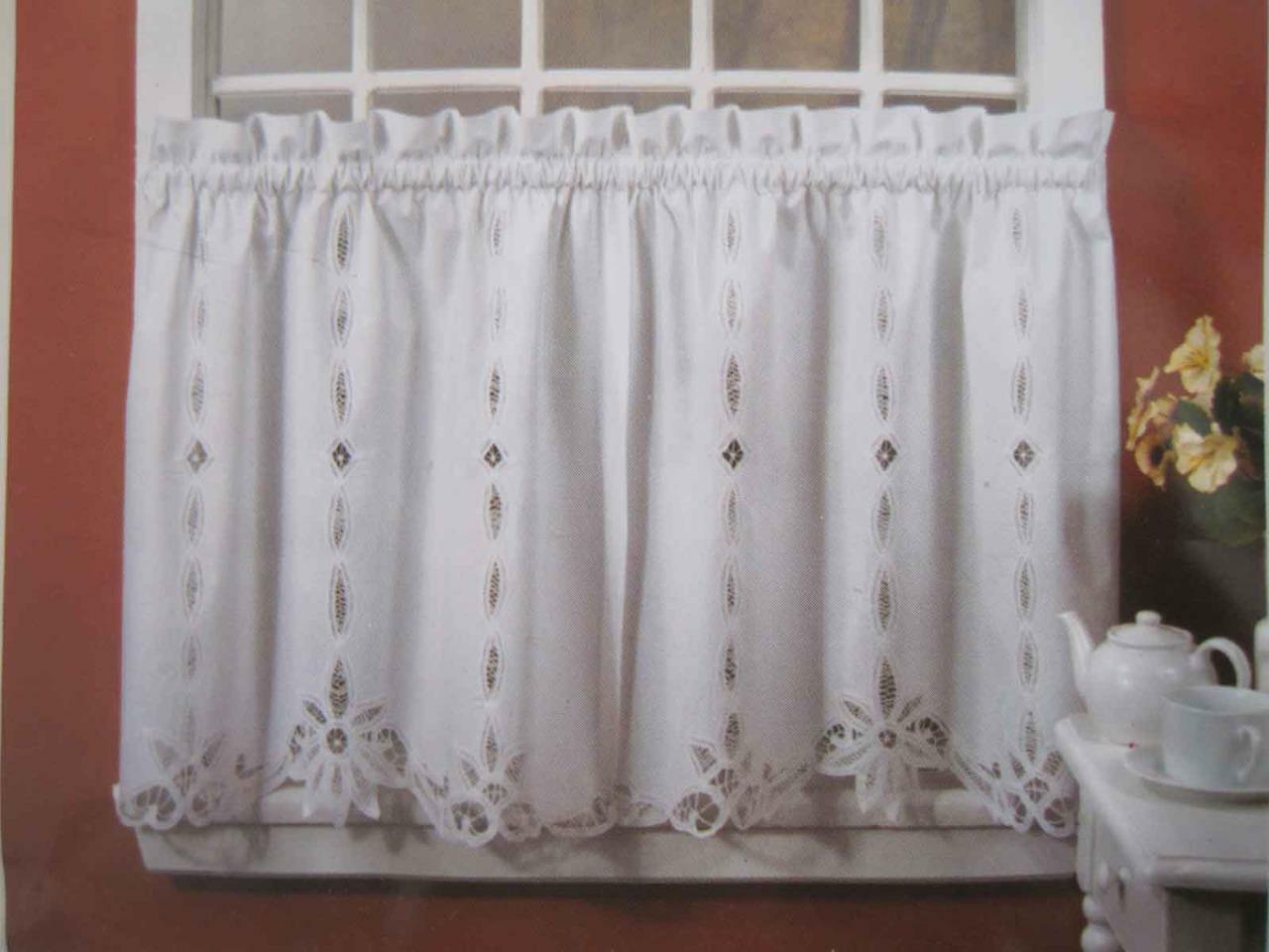 Again@Elegant Pair Hand Battenburg Lace Insertion White Cotton Curtain 65cm Drop